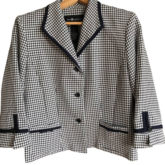 Sag Harbor Vintage Houndstooth Blazer: 80s Black White Textured Jacket, Size 8 - Picture 10 of 14